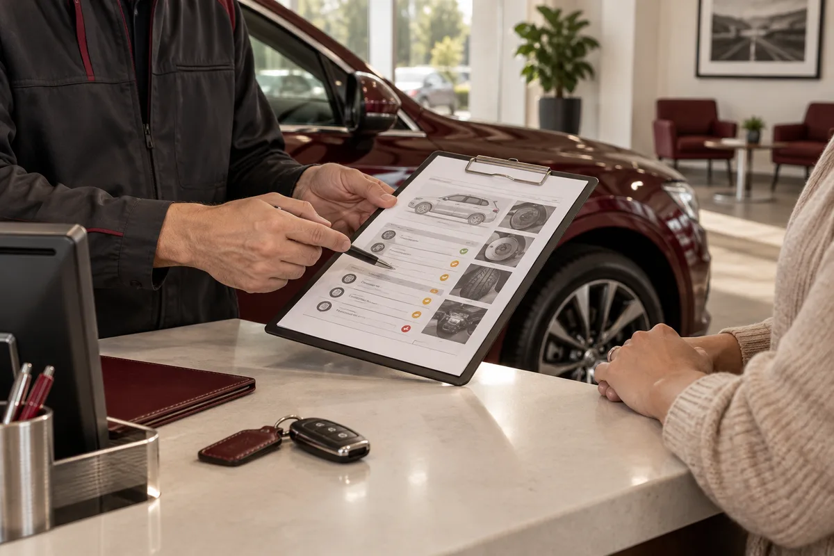 Service advisor explaining an inspection checklist to a car owner