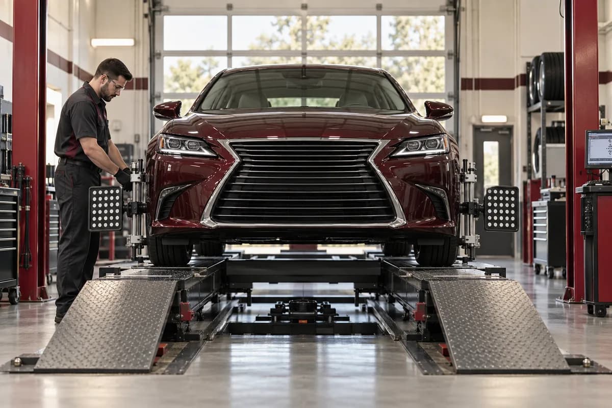 Maroon sedan positioned on a wheel alignment rack