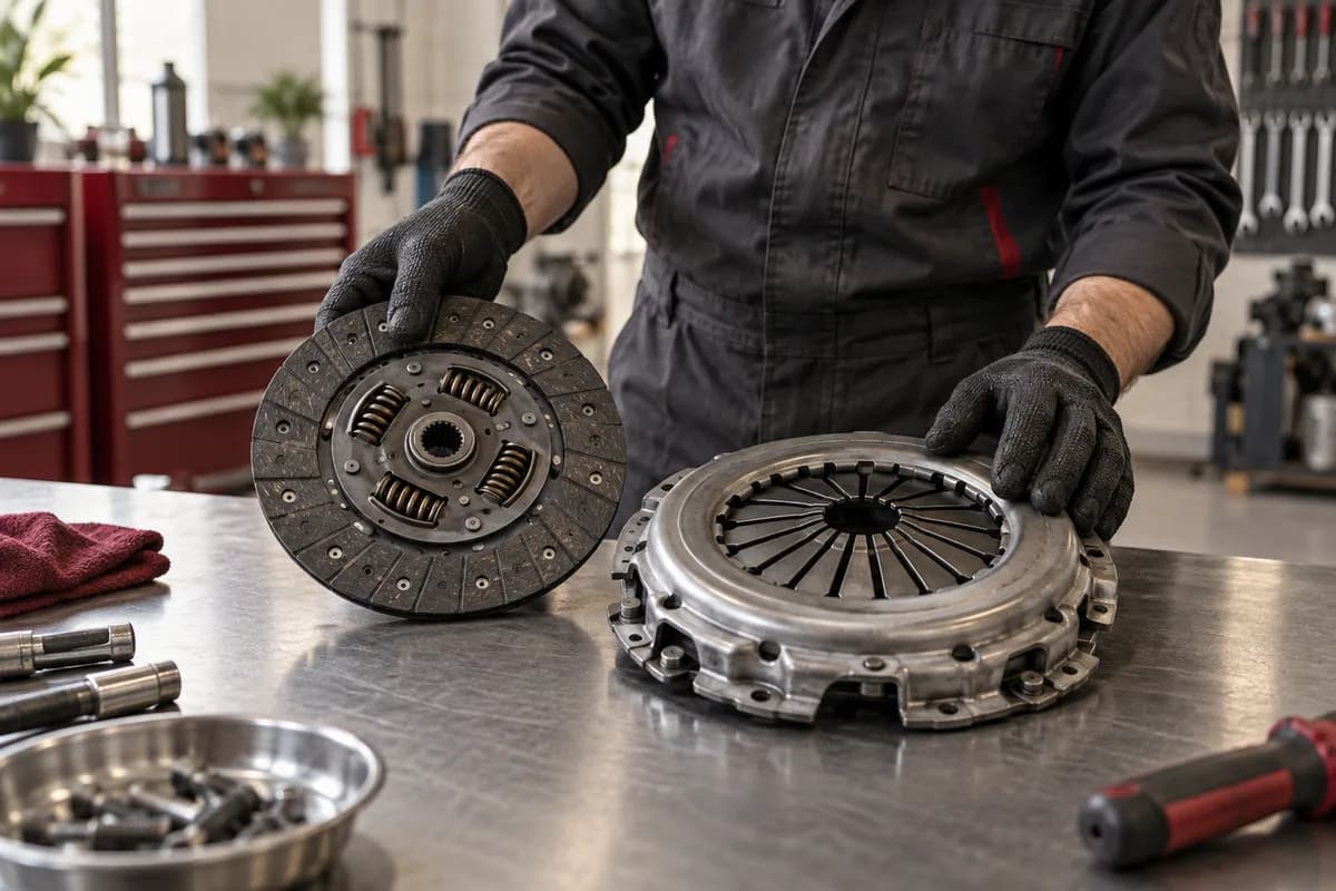 Technician inspecting a clutch disc and pressure plate on a bench