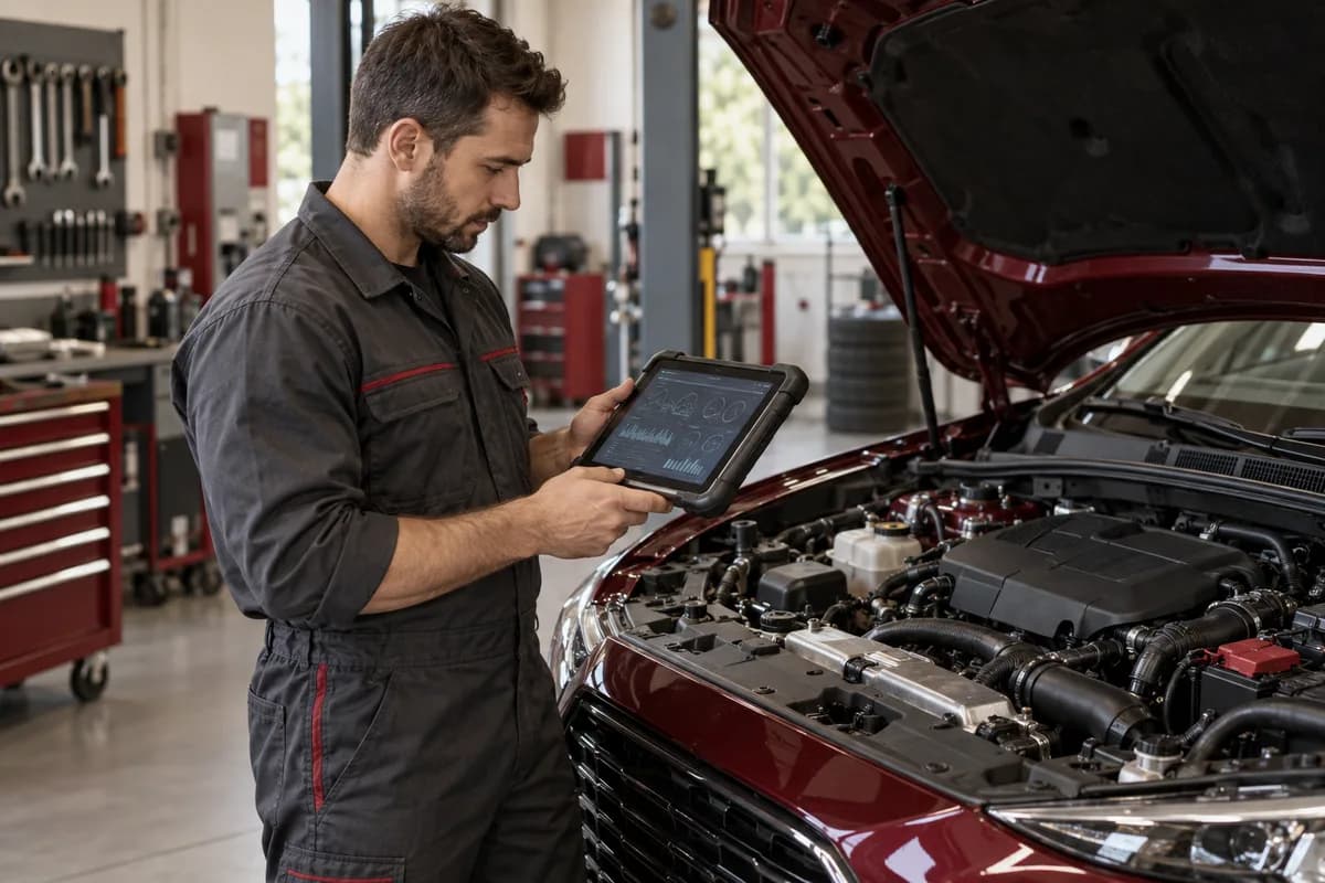 Diagnostic tablet alongside a maroon car engine bay