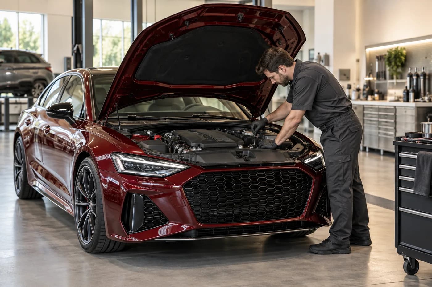 Technician inspecting a car in the AutoForge workshop