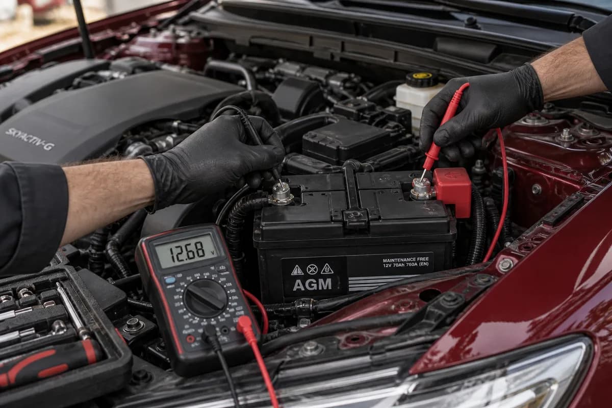 Technician checking a car battery with a multimeter