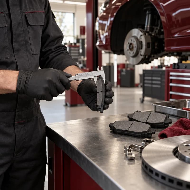 Brake specialist measuring a pad with a caliper