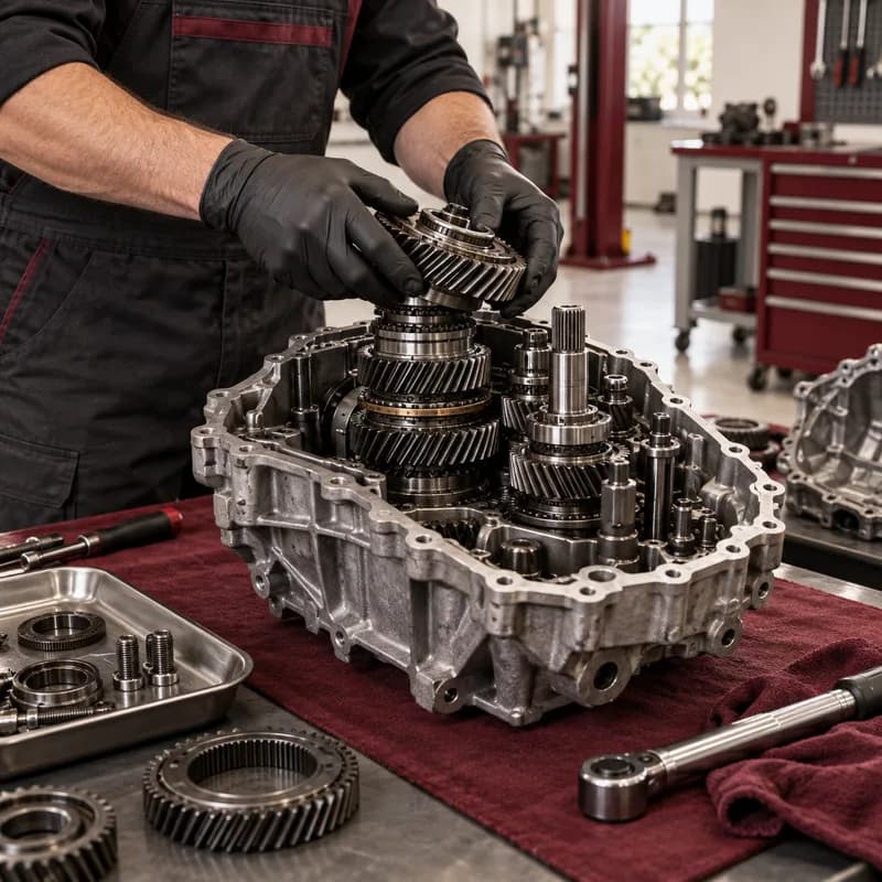 Gloved specialist inspecting the gears of an open transmission