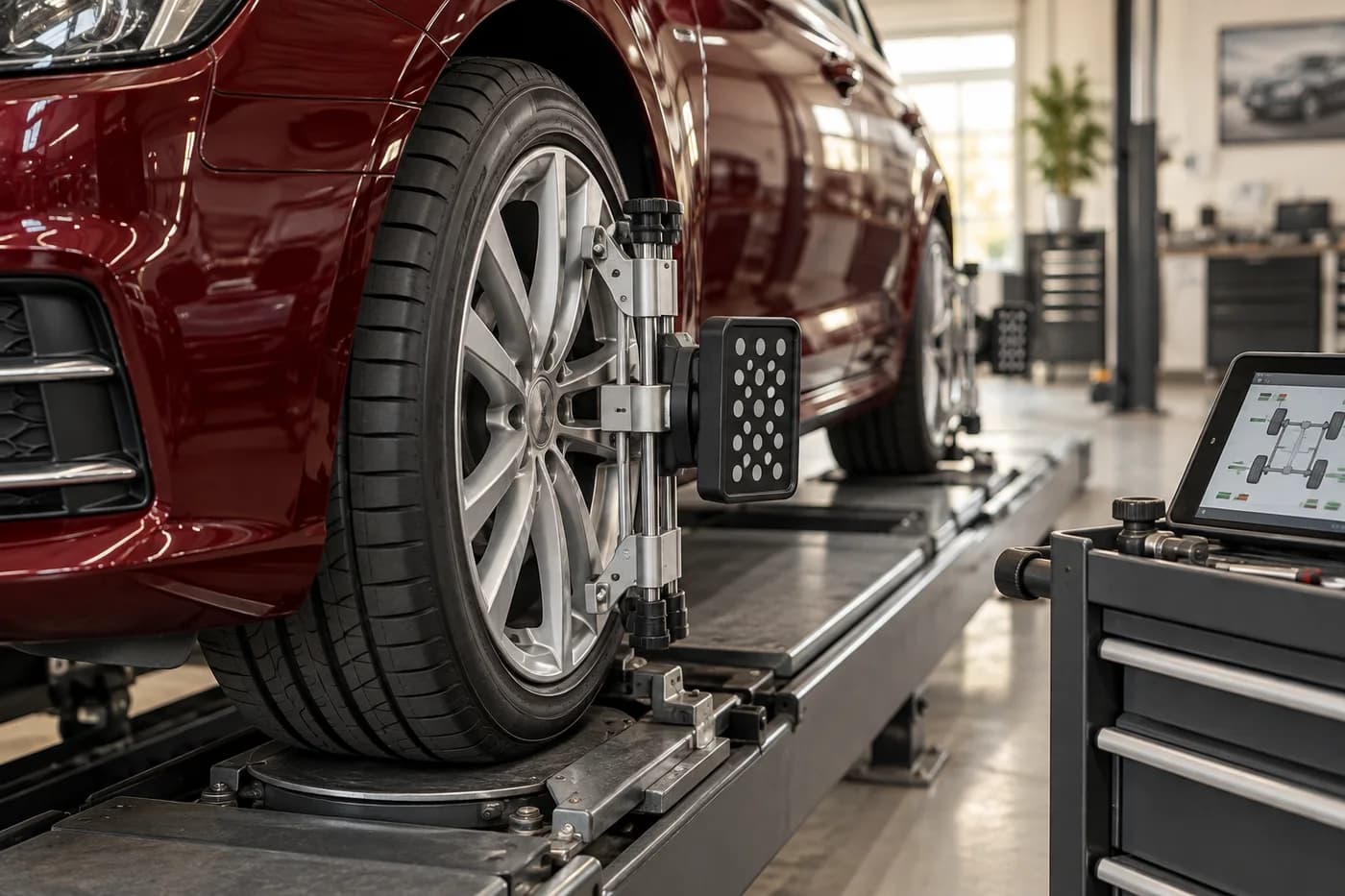 Wheel alignment equipment attached to a maroon car