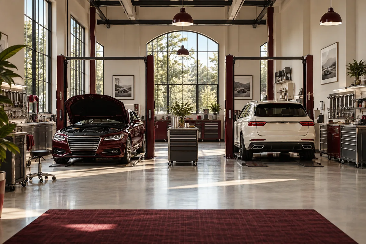 Bright organized service bays in a modern automotive workshop