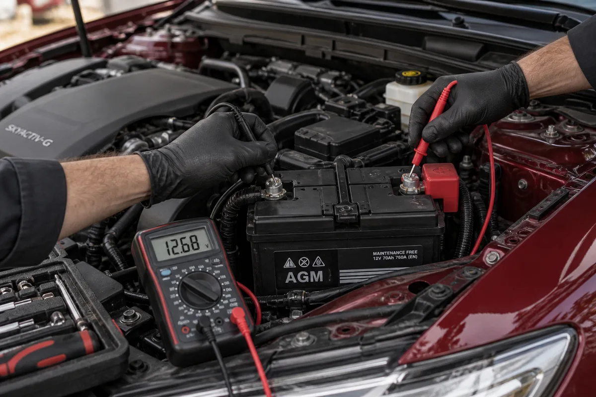 Technician testing a car battery with multimeter probes