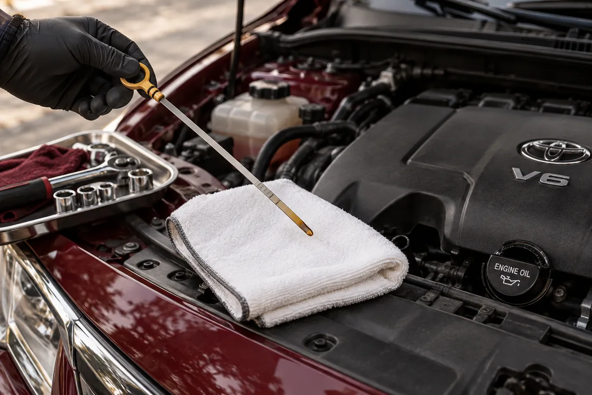 Technician checking engine oil with a dipstick