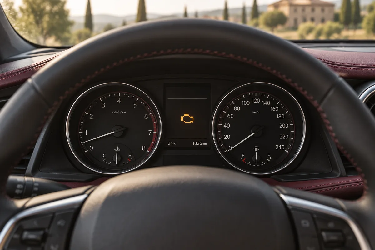 Amber engine warning indicator on a car instrument cluster