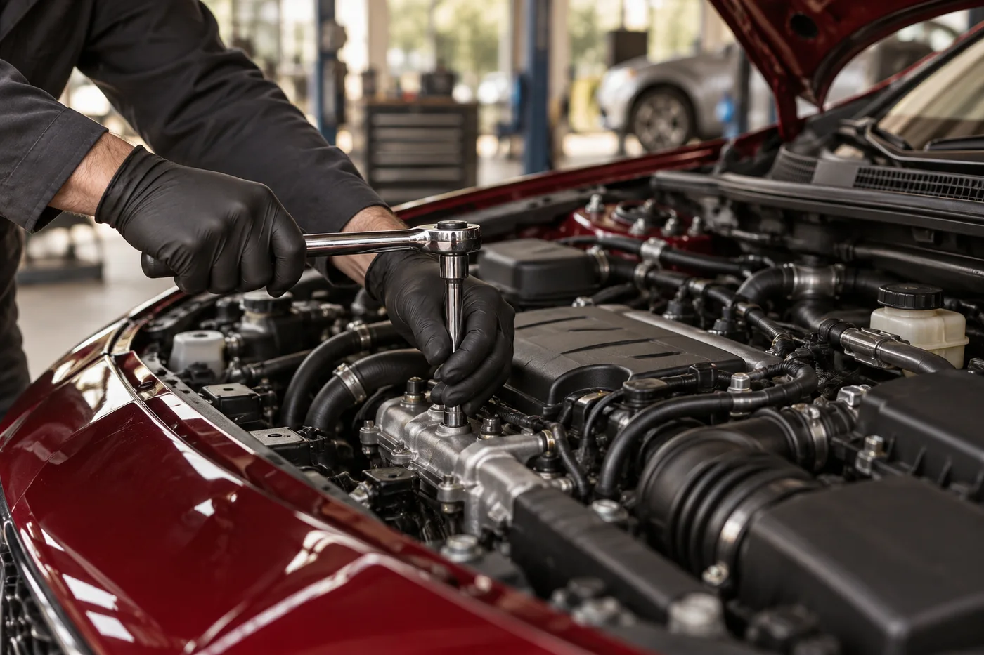 Gloved technician carefully servicing a maroon car engine