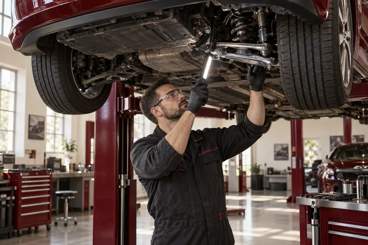 Technician checking the suspension beneath a safely raised car