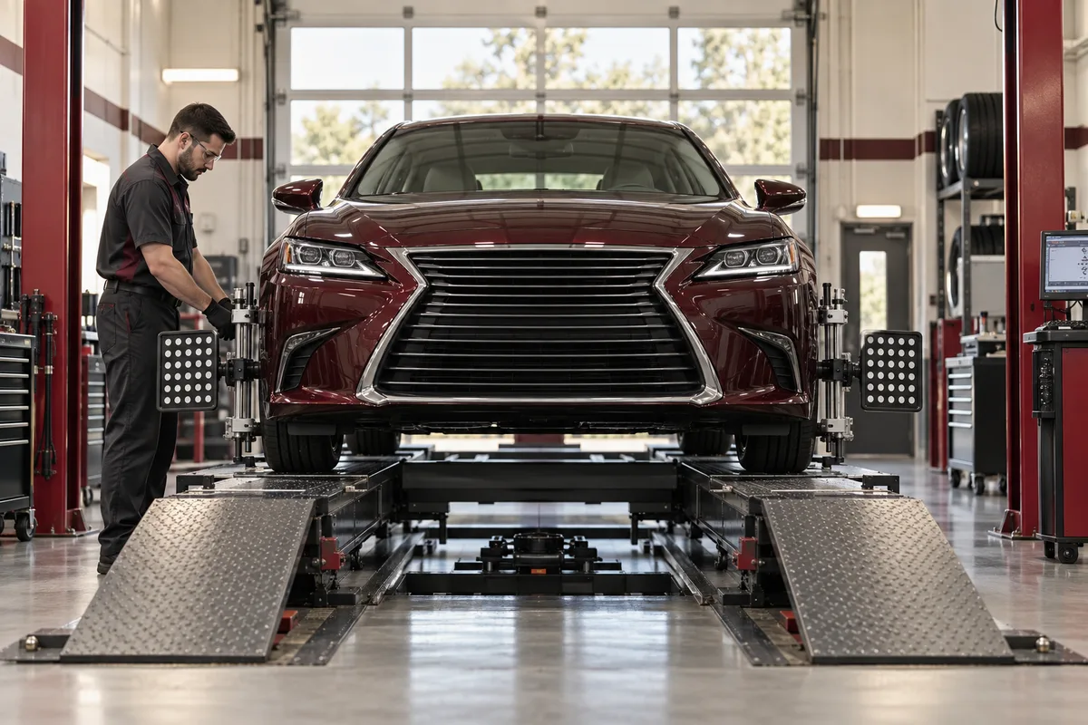 Maroon sedan on a precision wheel alignment rack