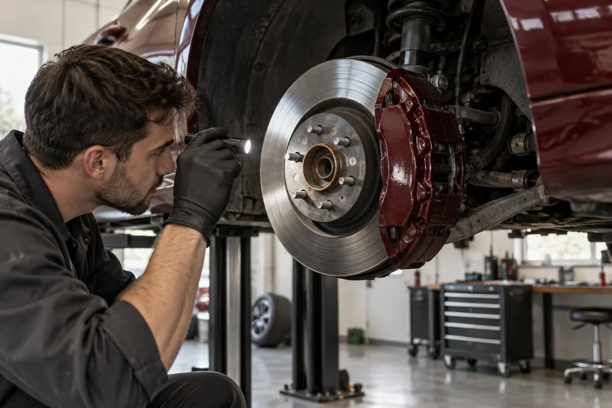 Technician inspecting an exposed brake rotor and caliper
