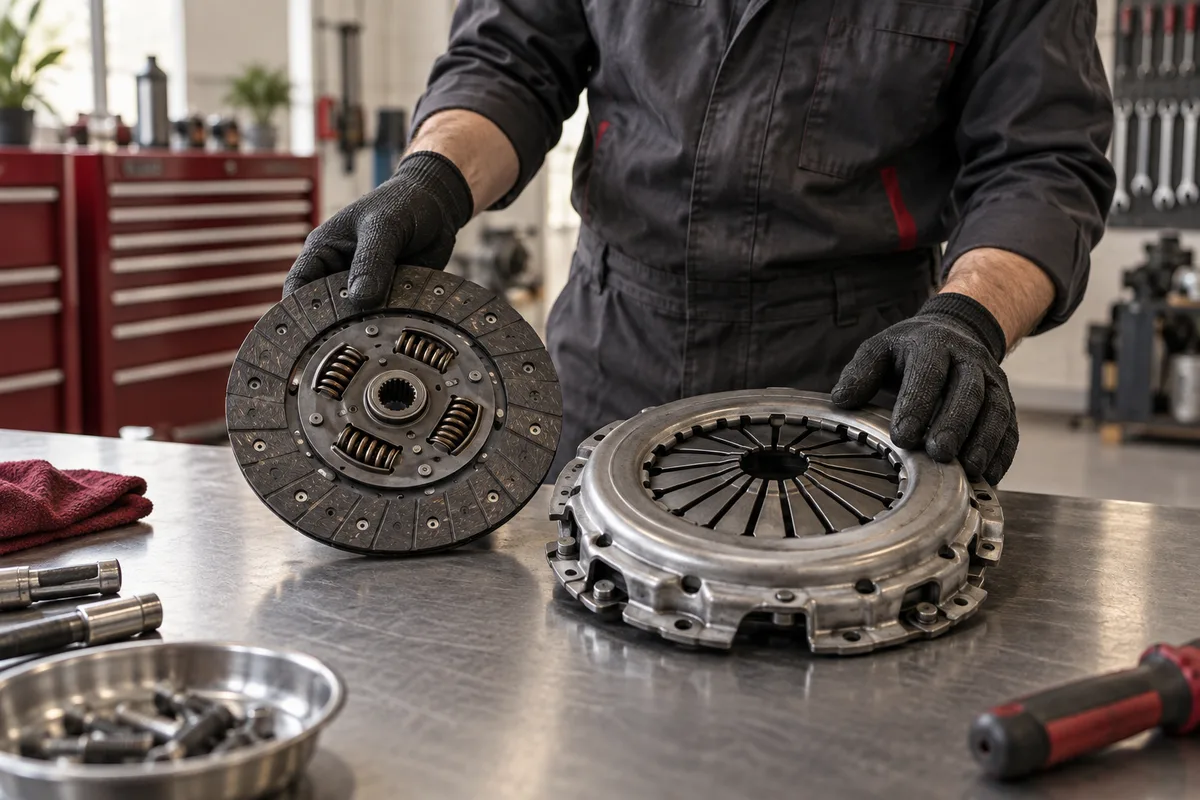 Clutch disc and pressure plate inspected on a workshop bench