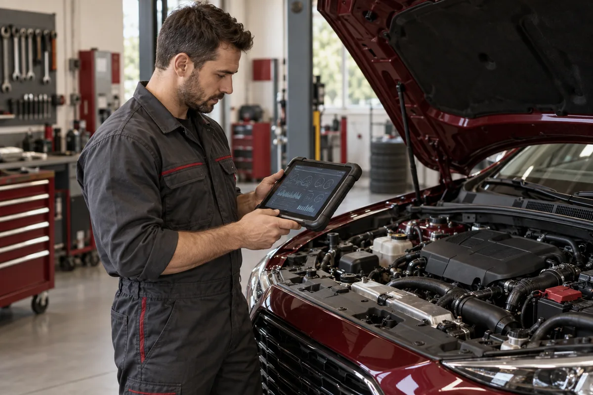 Diagnostic tablet alongside a maroon car engine bay