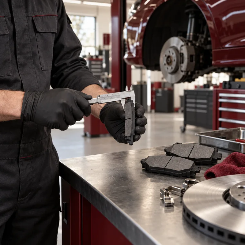 Brake specialist measuring a brake pad with a caliper