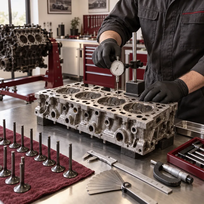 Engine specialist measuring a cylinder head with precision tools