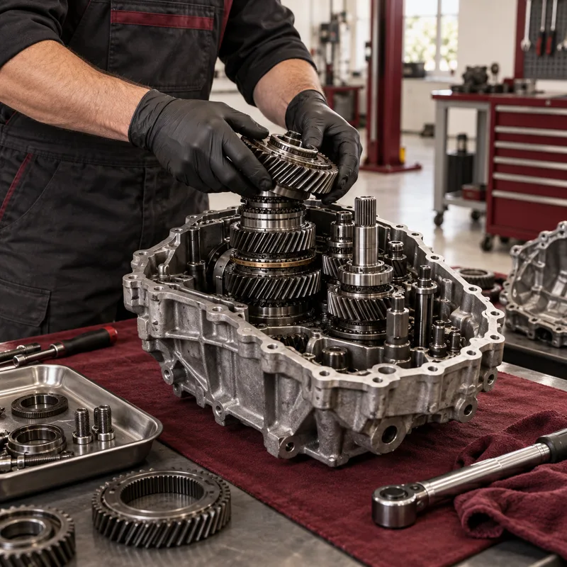 Gloved specialist inspecting the gears of an open transmission